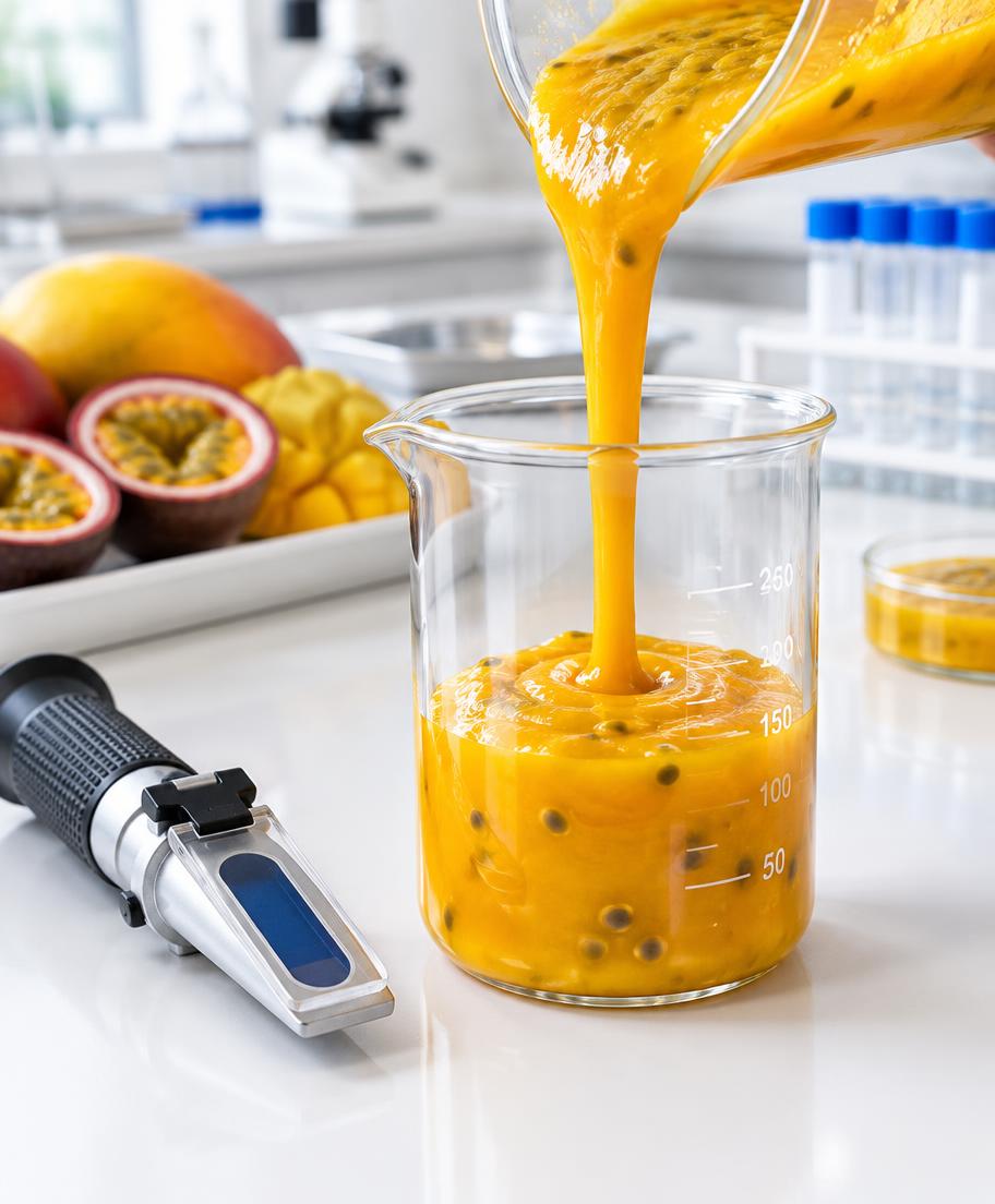 Puree xoài chanh dây rót vào cốc đo cạnh khúc xạ kế
