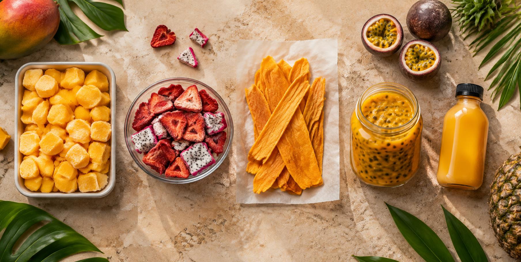Năm dạng trái cây chế biến: xoài cấp đông, dâu và thanh long sấy thăng hoa, xoài sấy dẻo, puree chanh dây, nước cô đặc